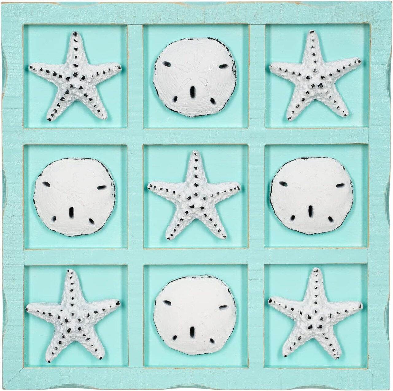 Beach Tic Tac Toe 9" X 9" Seafoam Blue Tic Tac Toe Decor Home W/White Resin Starfish & Sand Dollars Real Wooden Tic Tac Toe Tic Tac Toe Coffee Table Nautical Décor